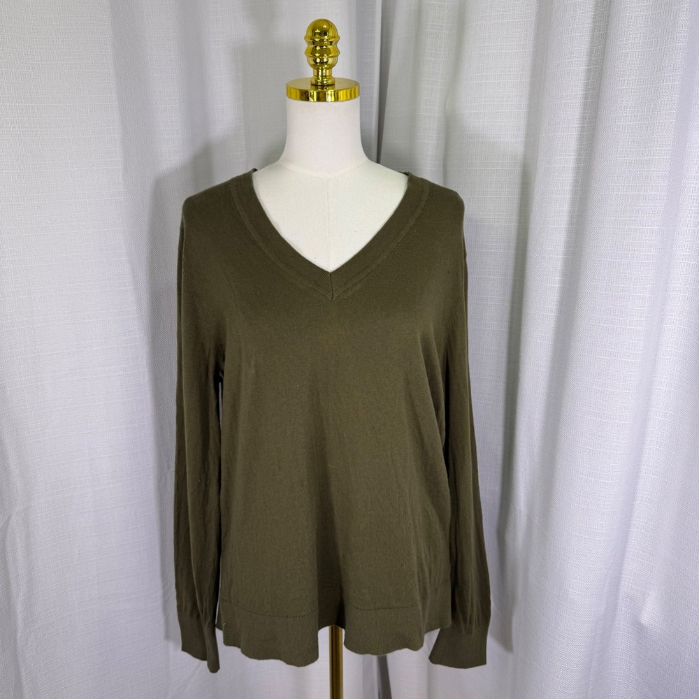 Quince Lightweight Cotton Cashmere V-Neck Sweater Women XL Olive Green Knit